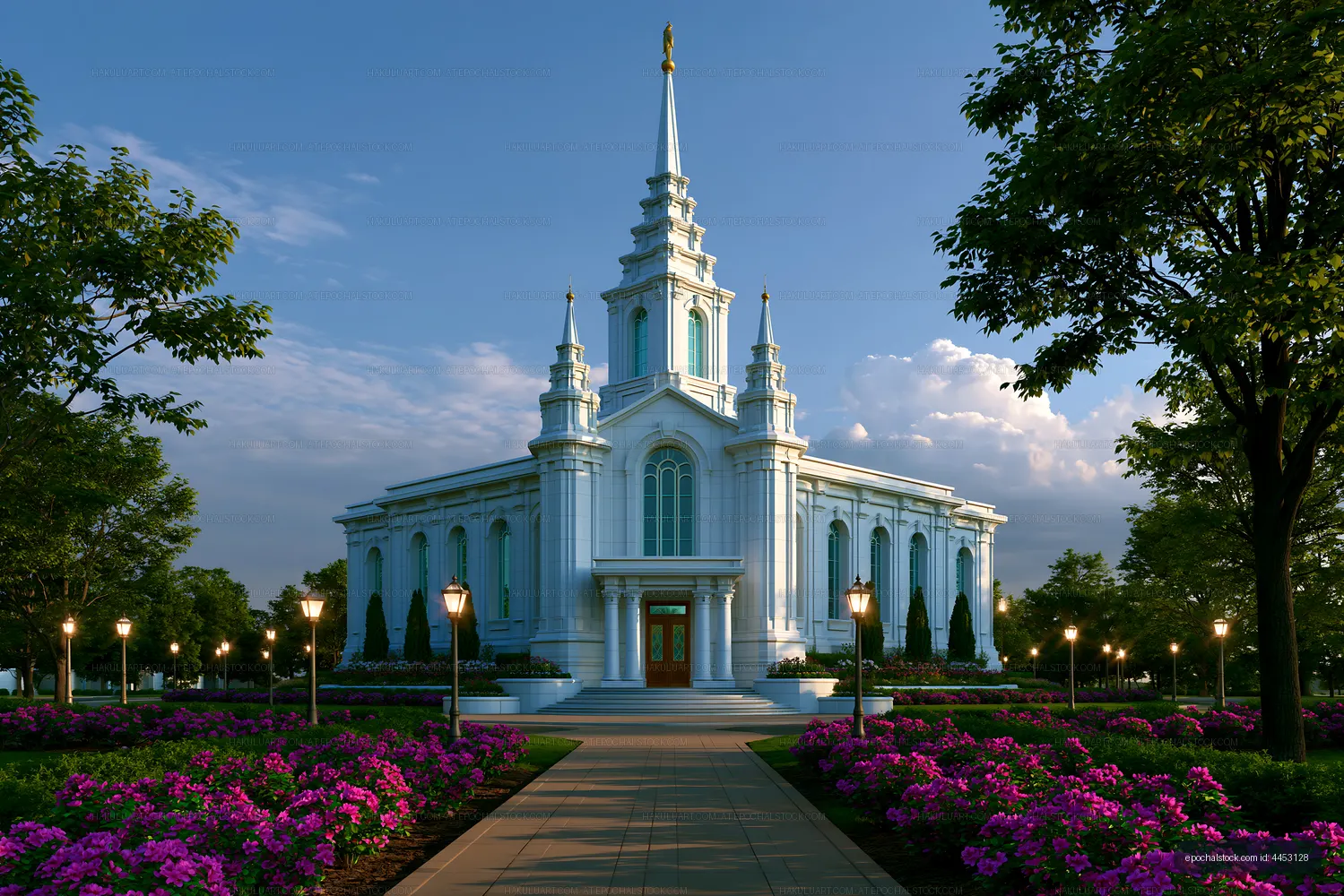 Beautiful church building with spire and gardens at sunset