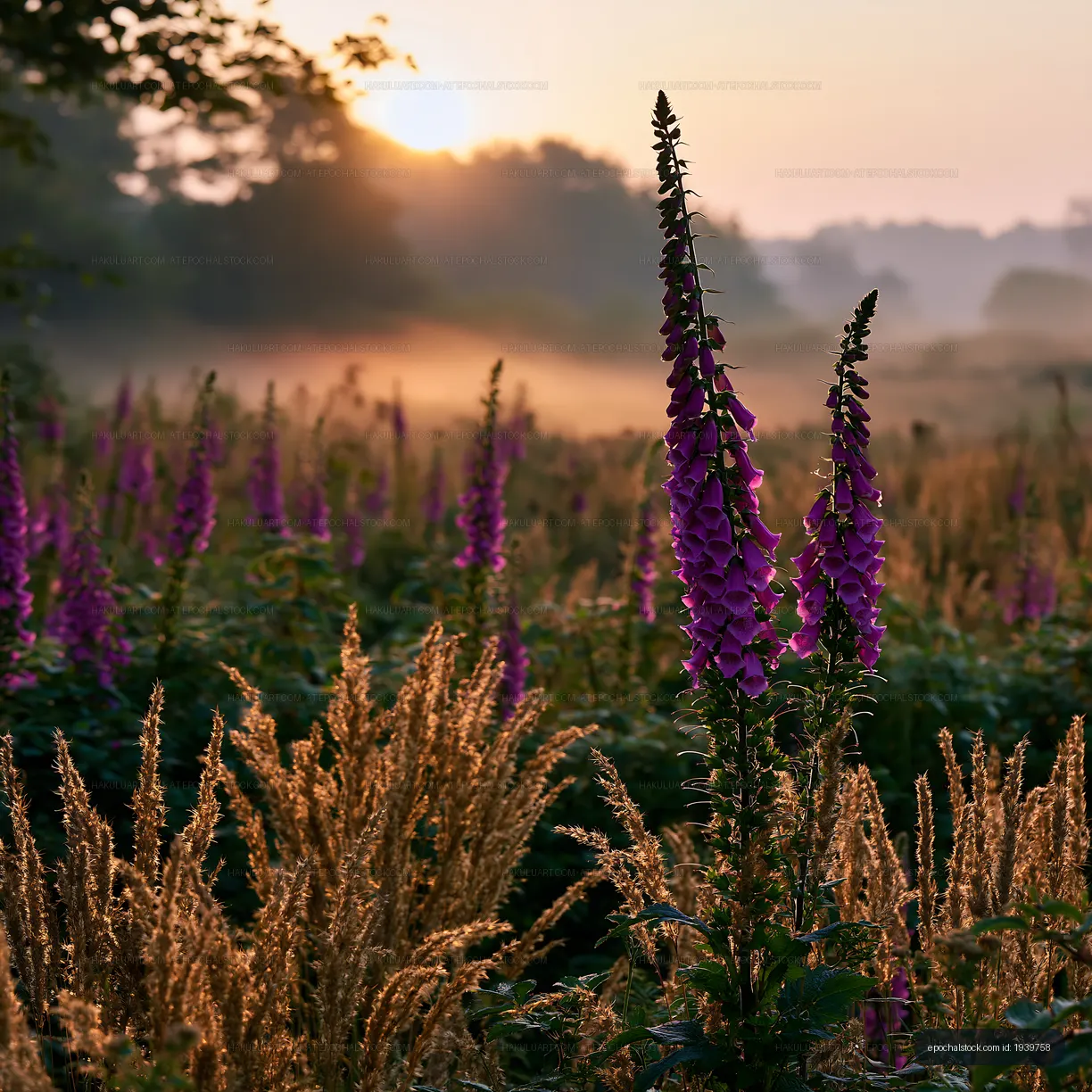 Morning light shines on wildflowers in a misty field