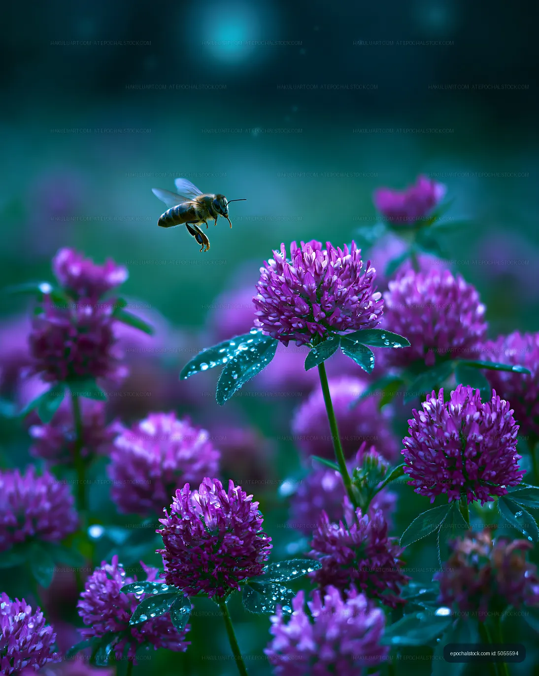 Bee hovering over purple clover flowers in a garden