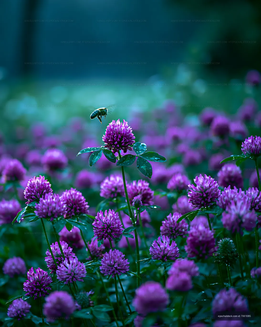 Bee hovering over purple clover flowers in a garden