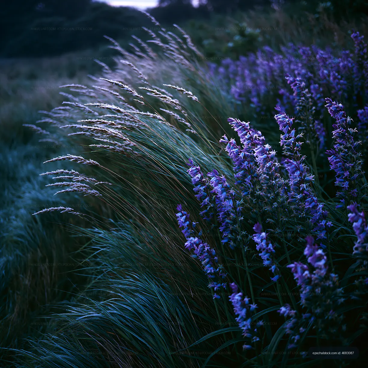 Flowers and grass swaying gently in a field at twilight