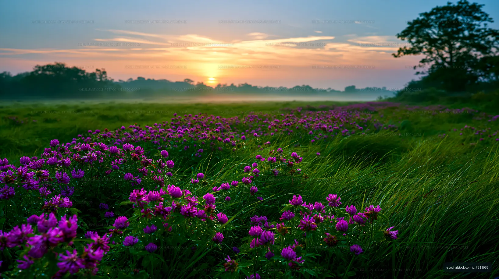 Sunrise over a field of purple flowers and green grass