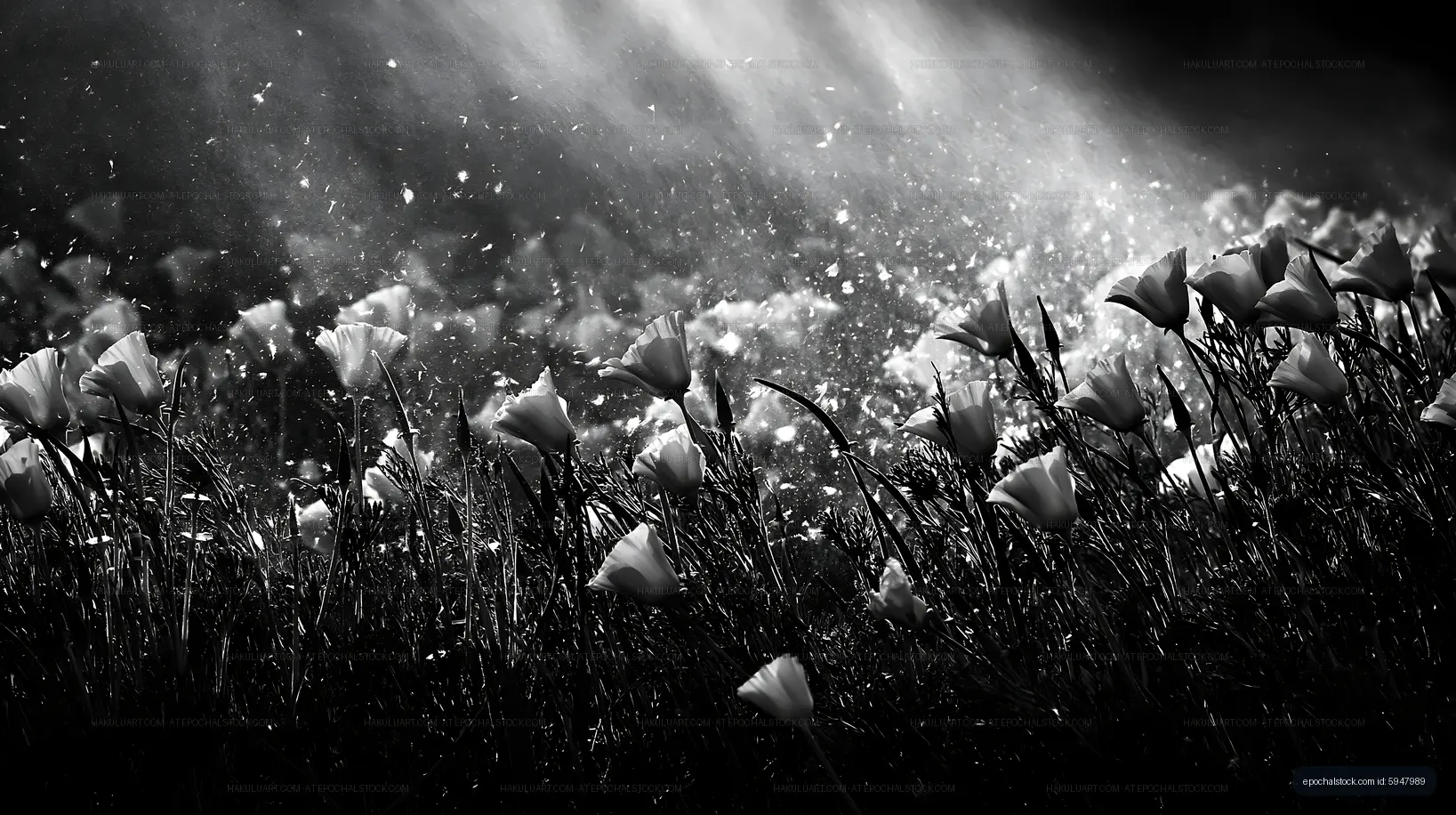 Flowers in a field under sunlight with shadows and highlights