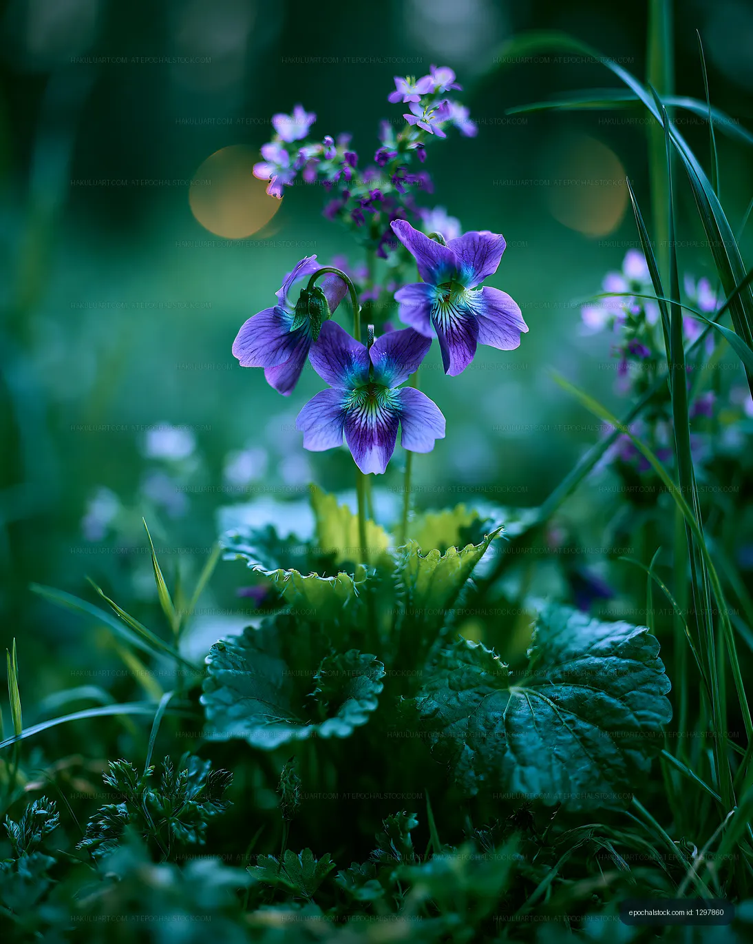 Violets bloom in a forest during spring at dusk