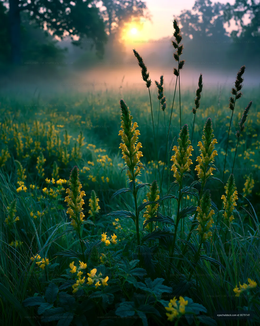 Morning fog with yellow flowers in a green field