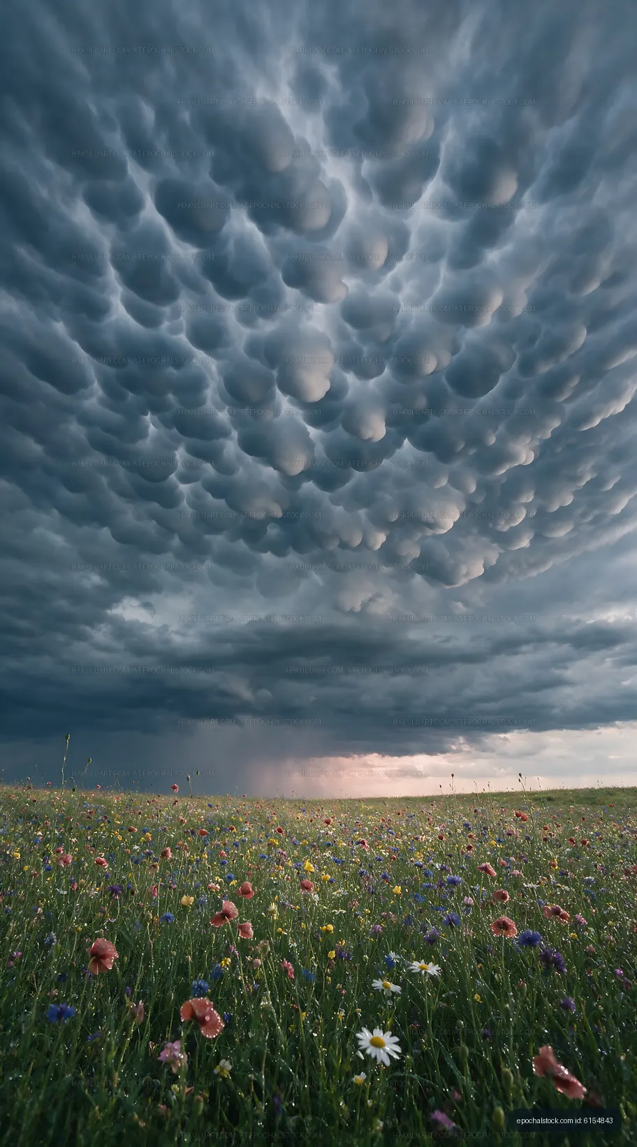 Mammatus clouds over a colorful wildflower field in spring