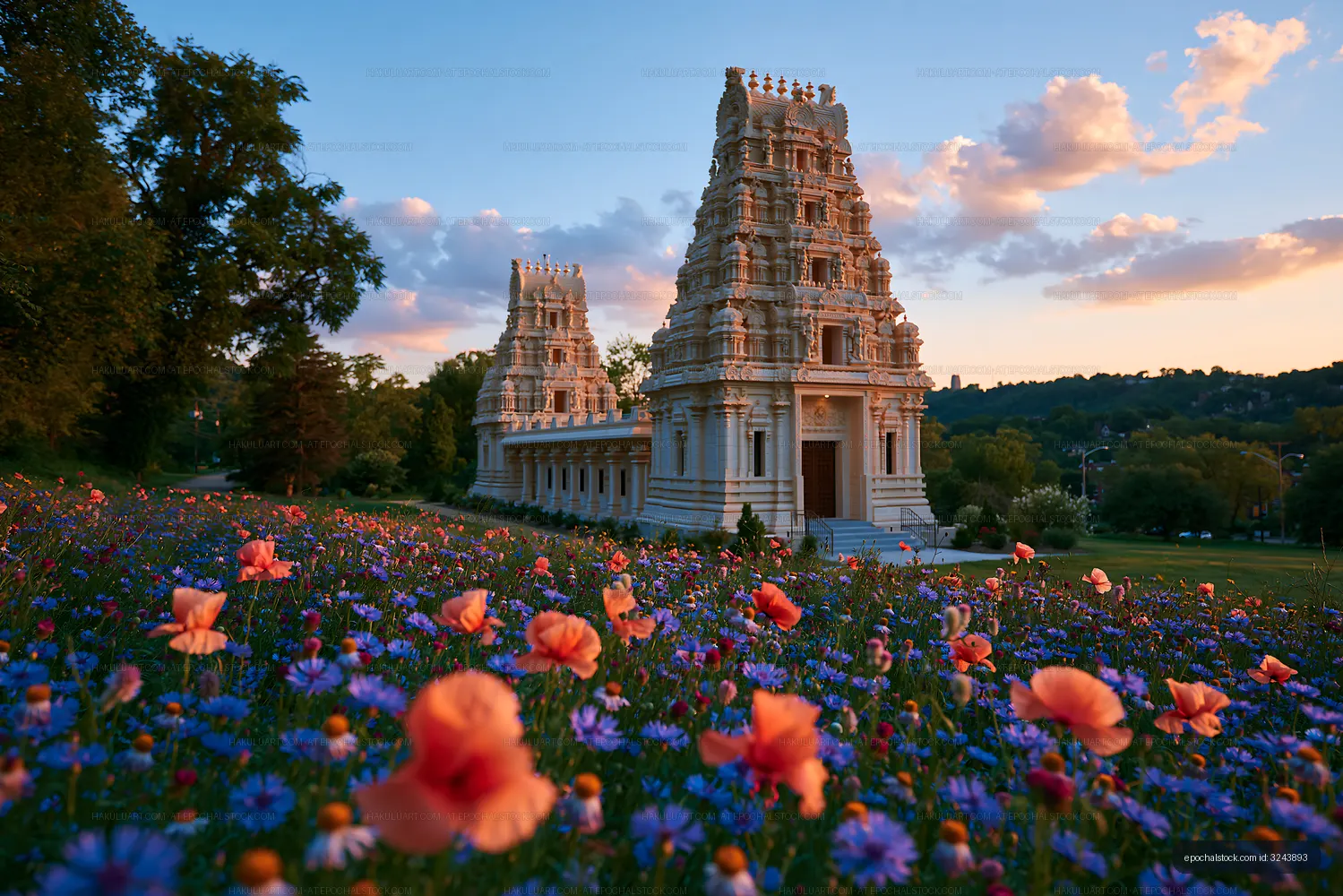 Temple surrounded by flowers during sunset in a garden