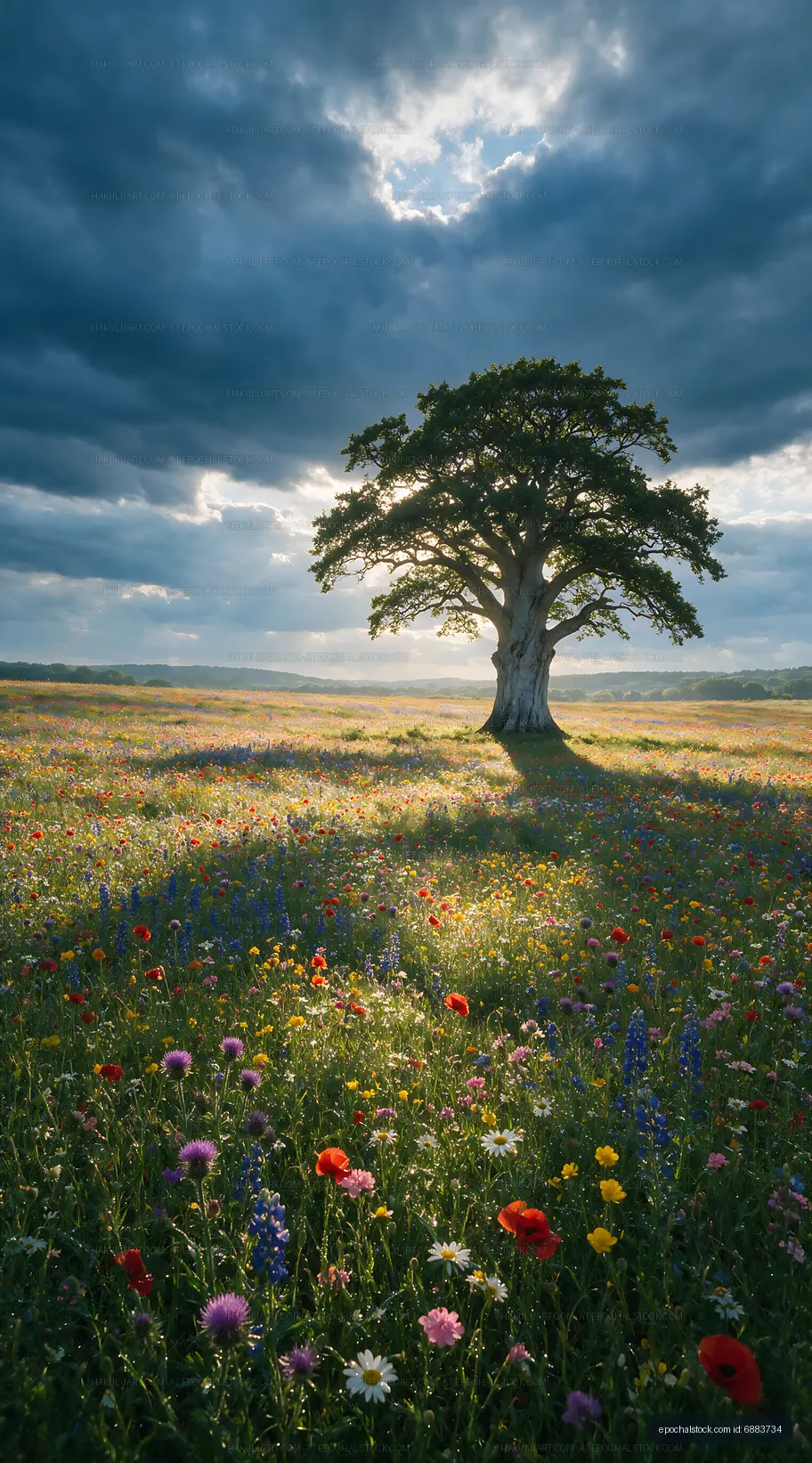 Sunlight through clouds over a tree in a flower field