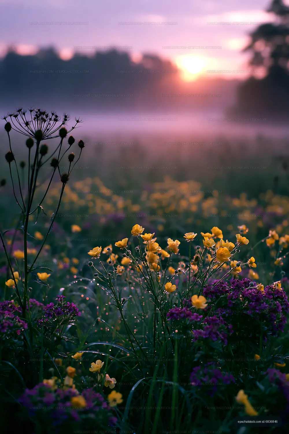 Colorful wildflowers at sunrise in a misty meadow