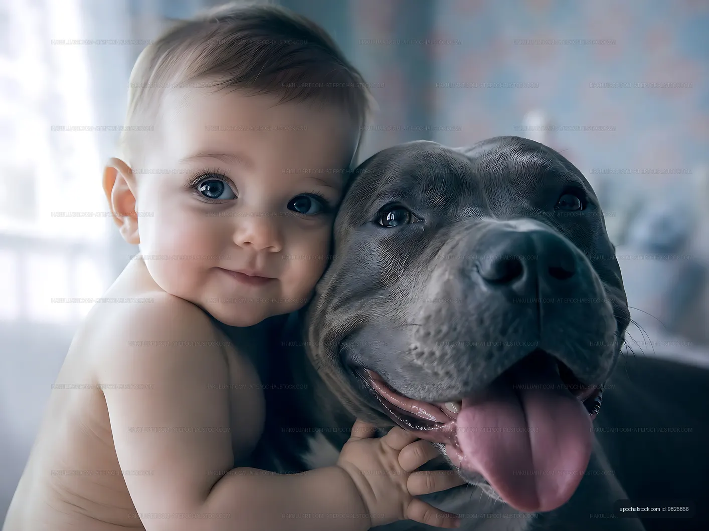 Baby cuddling with a dog in a cozy indoor setting