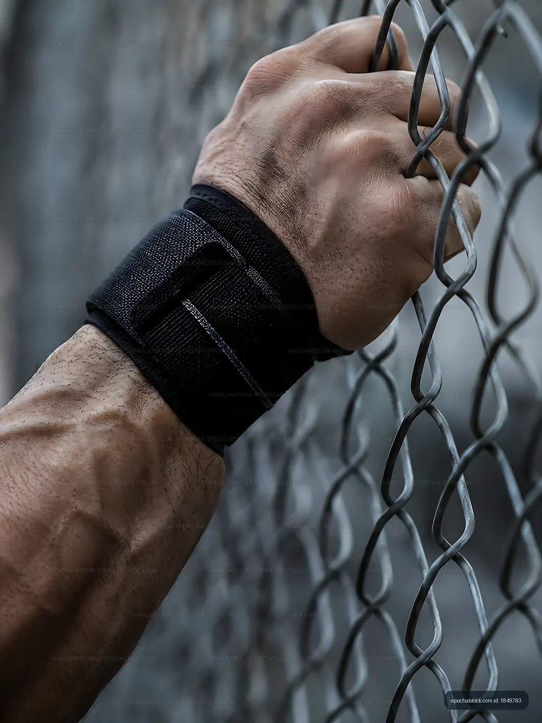 Hand gripping a chain-link fence with black wrist support