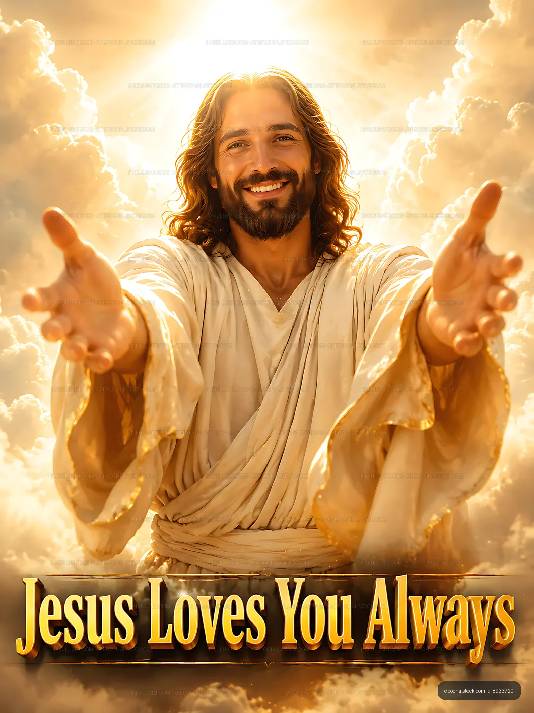 Man in white robe with outstretched arms against cloudy background