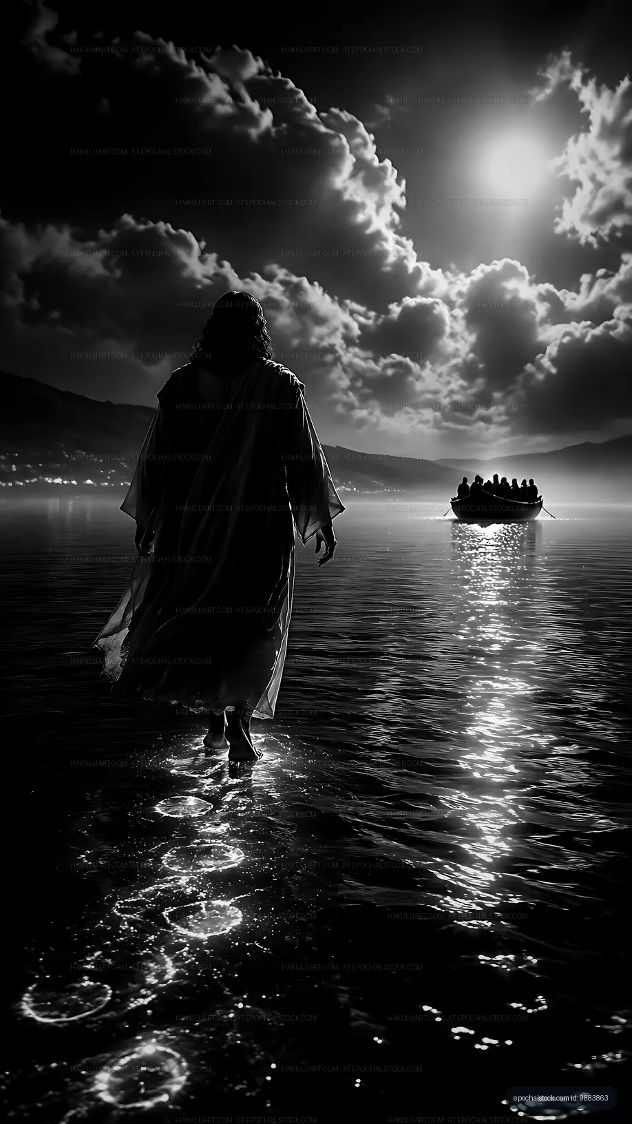 Walking on water under a bright moon with dark clouds