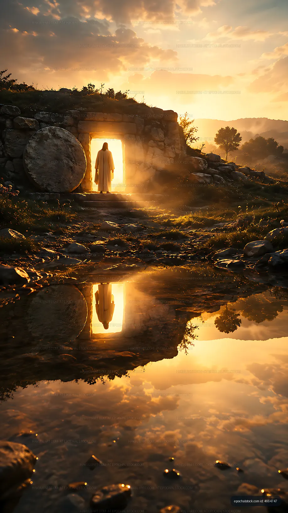 Person in white robe stands at the entrance of a cave at sunrise