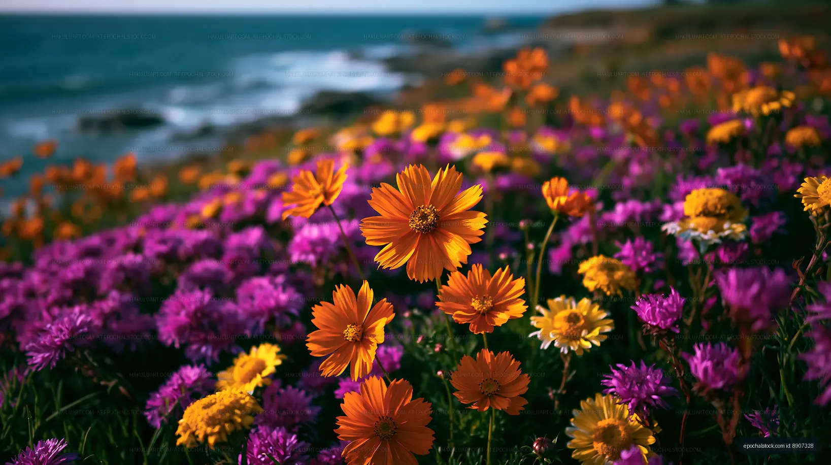Vibrant flowers by the ocean under clear blue sky