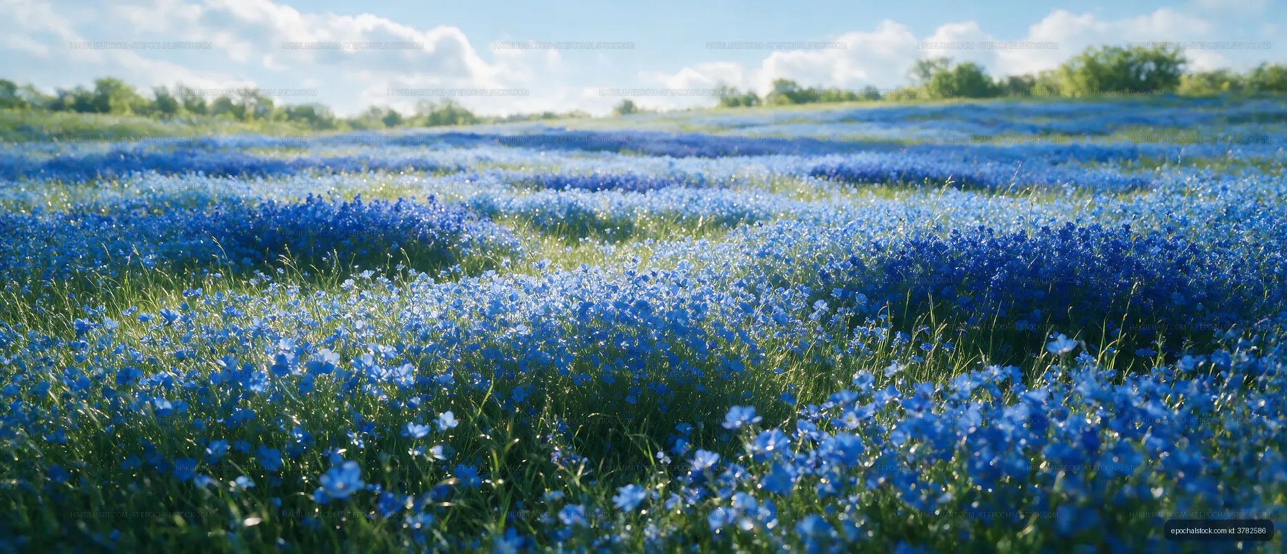 Flowers bloom in a vast blue field during daylight hours
