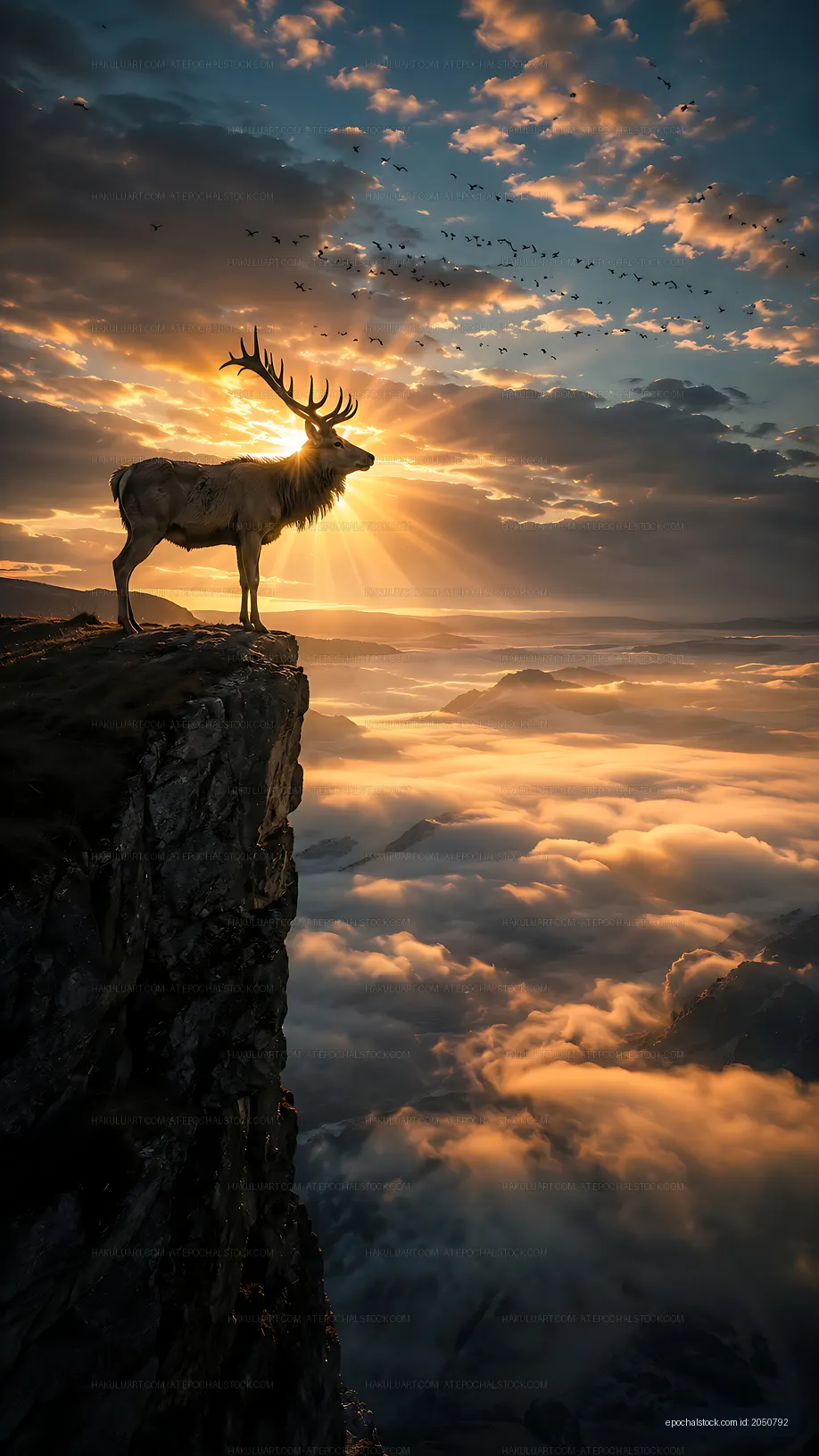 Stag on a cliff at sunrise over clouds