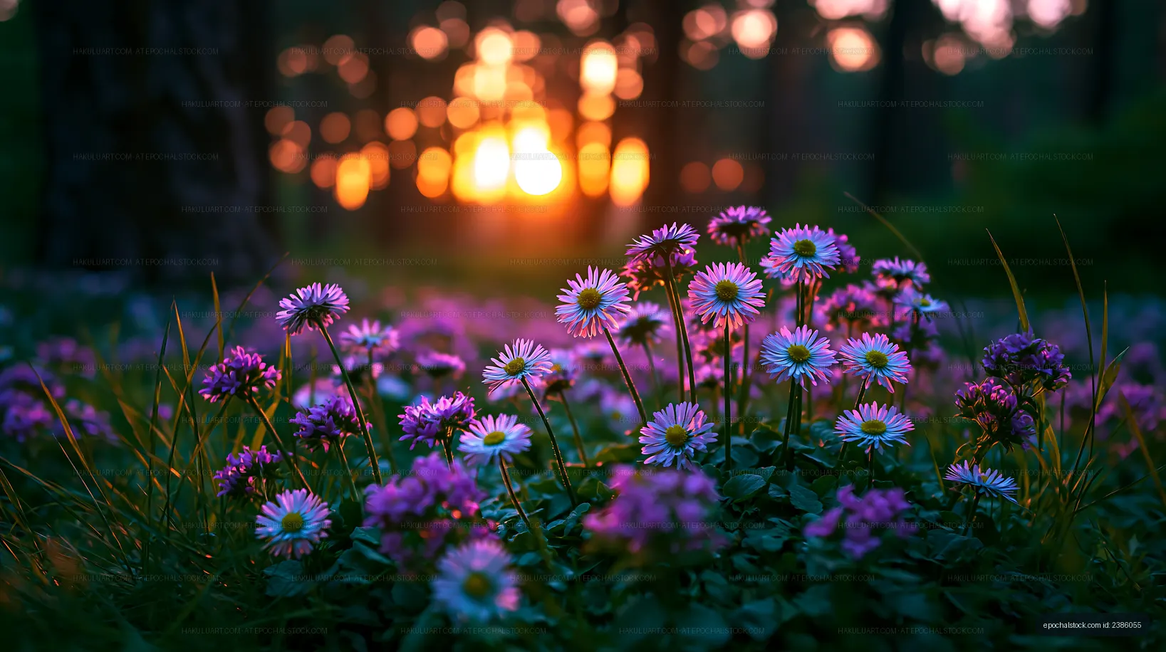 Colorful flowers in a forest with sunset light