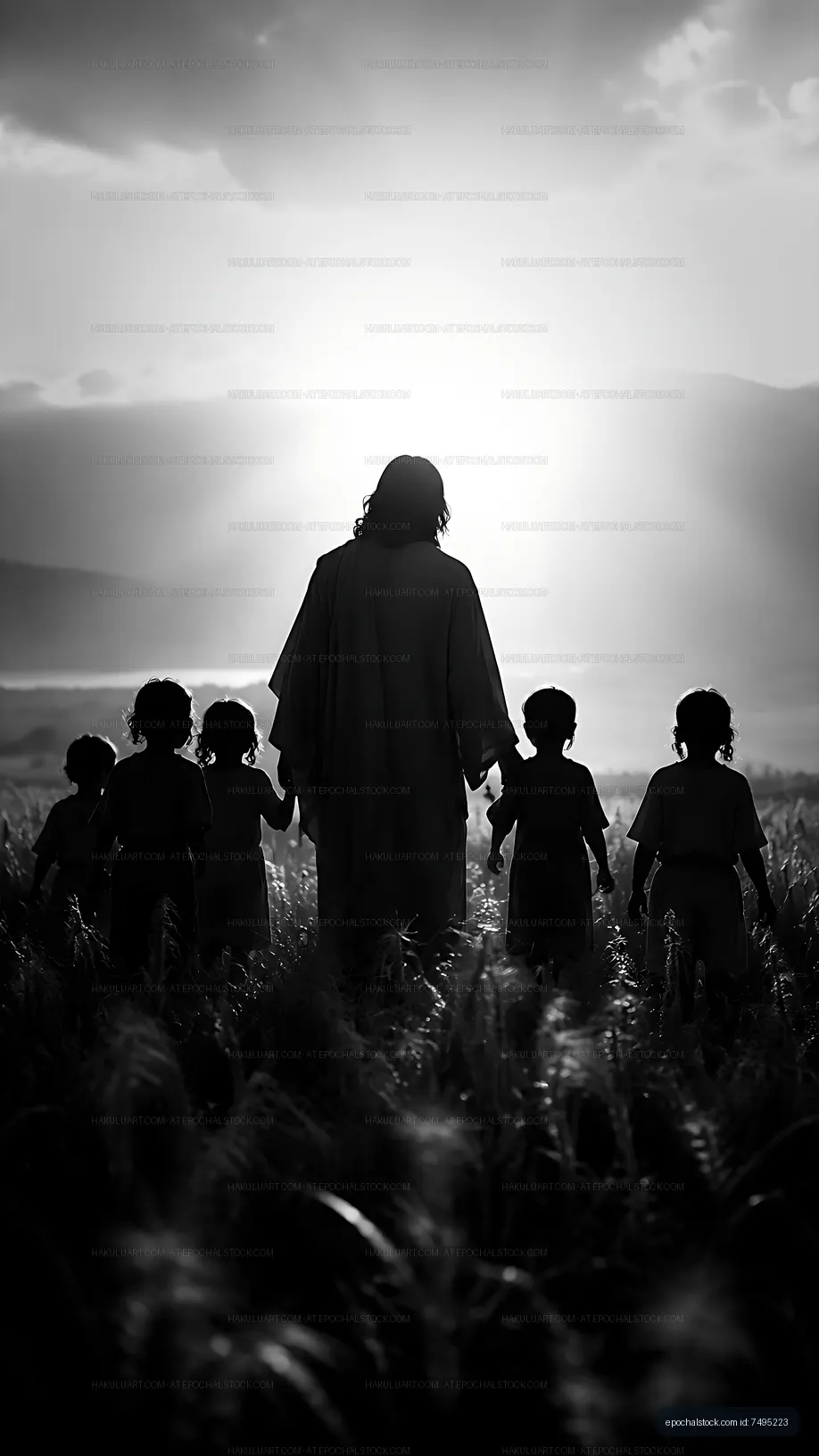 Walking in the fields with children during sunset