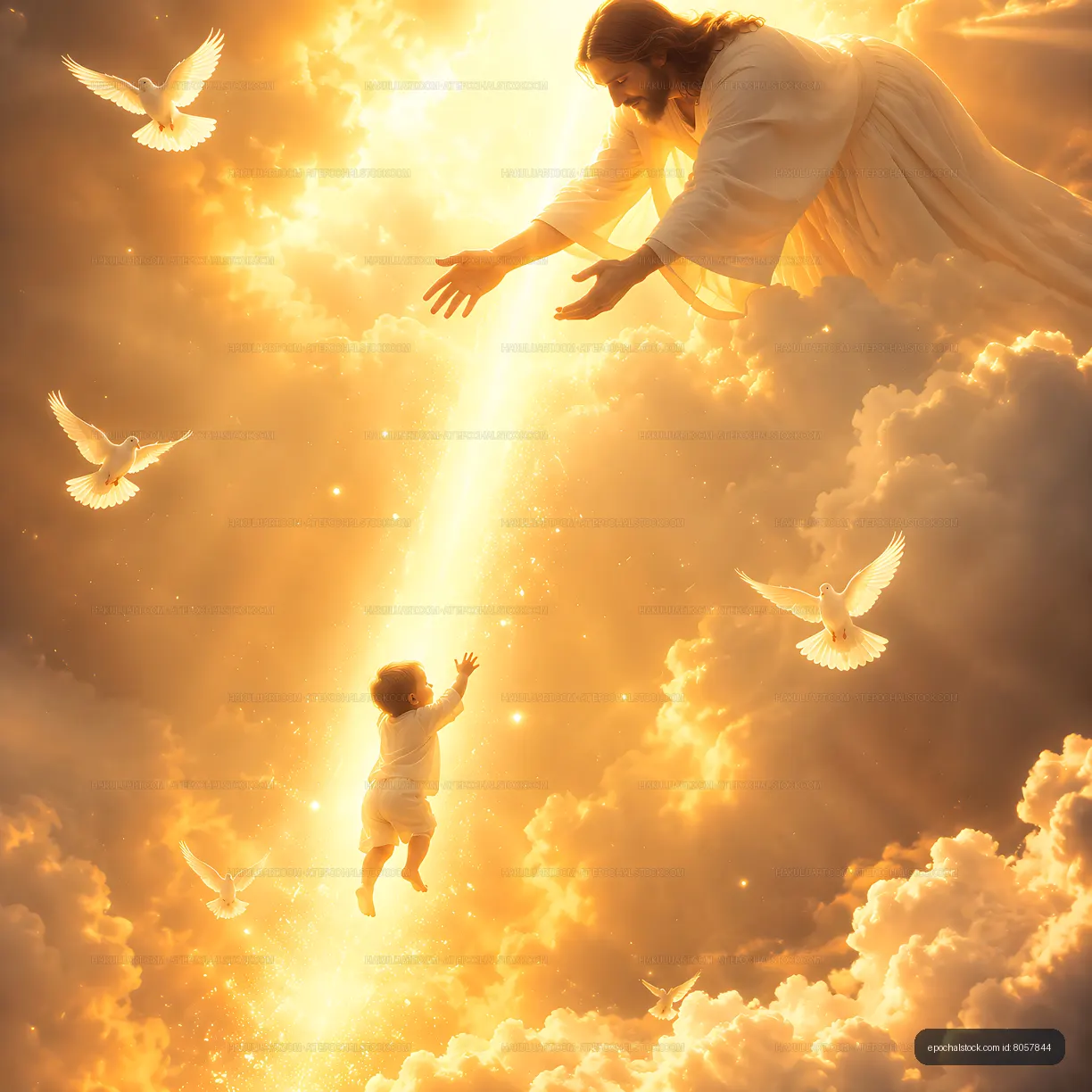 Jesus reaches out to a child in a bright sky with clouds