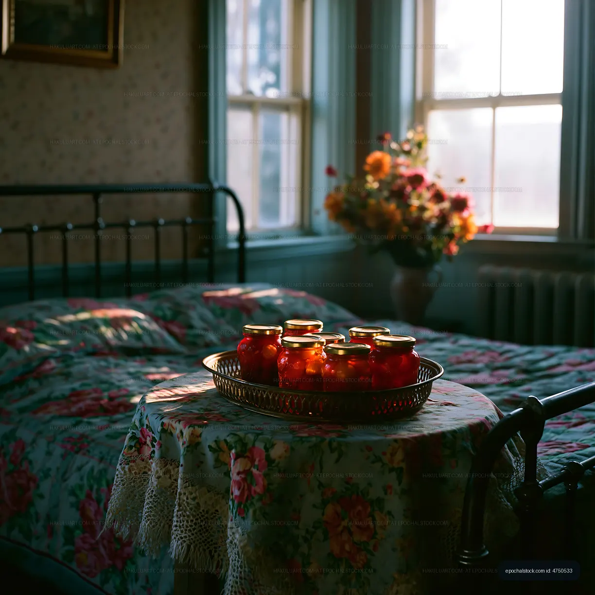 Vintage bedroom with jars of preserves on a table by the window