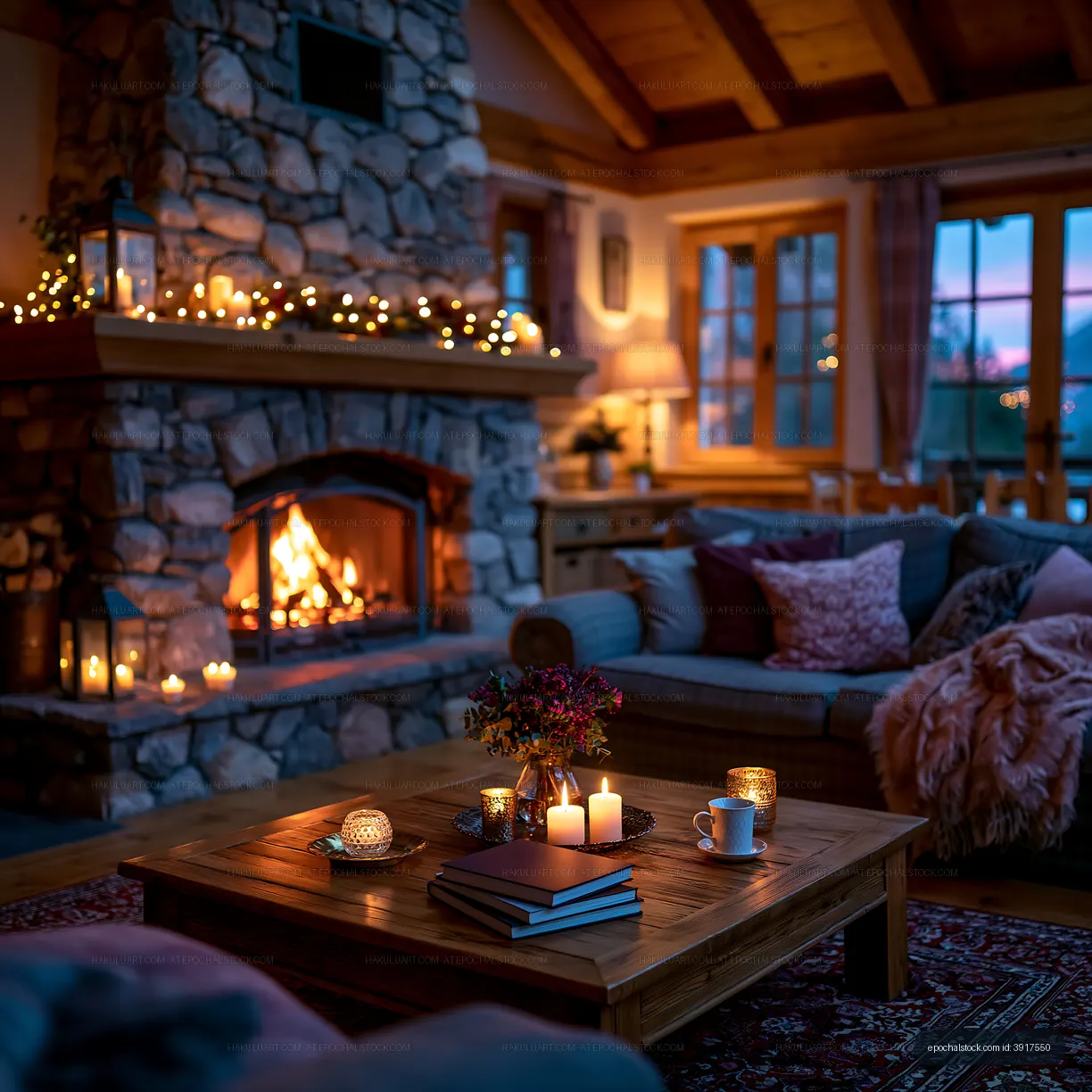 Cozy living room with stone fireplace and candles at dusk
