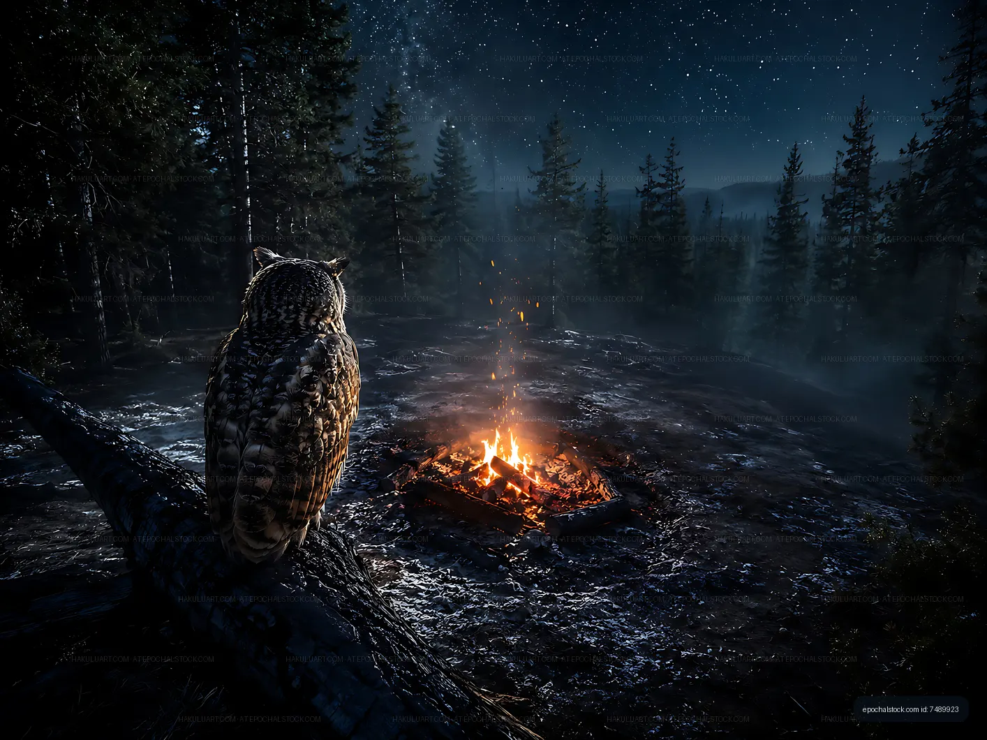 Owl sitting near a campfire under a starry sky