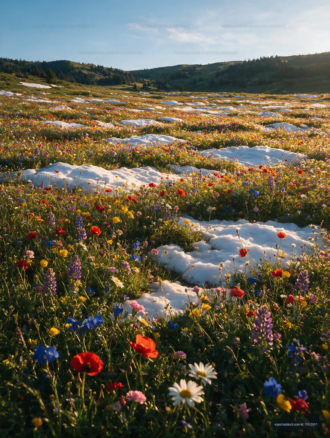 Colorful wildflowers blooming in a grassy field with snow patches