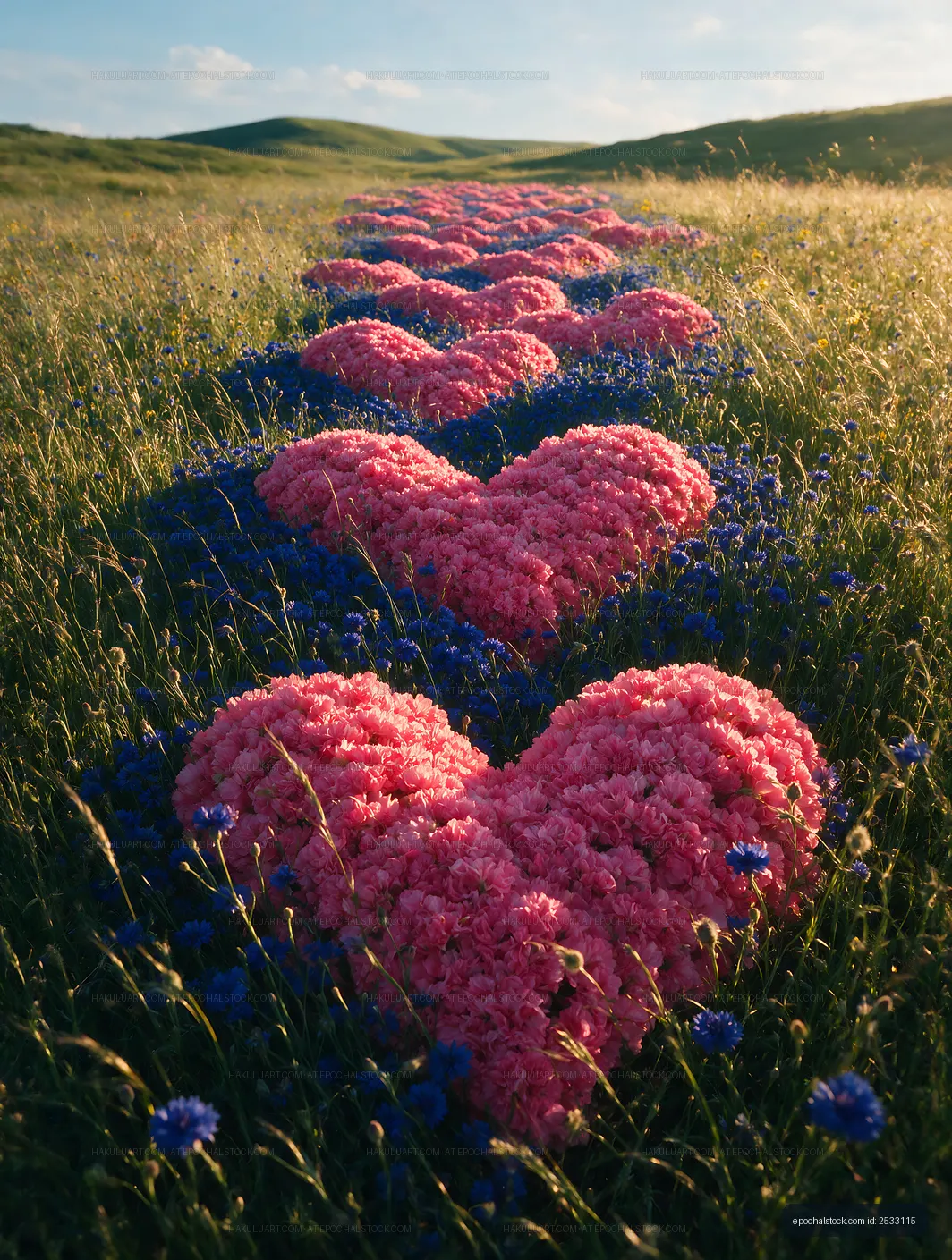 Heart-shaped flower arrangement in a grassy field