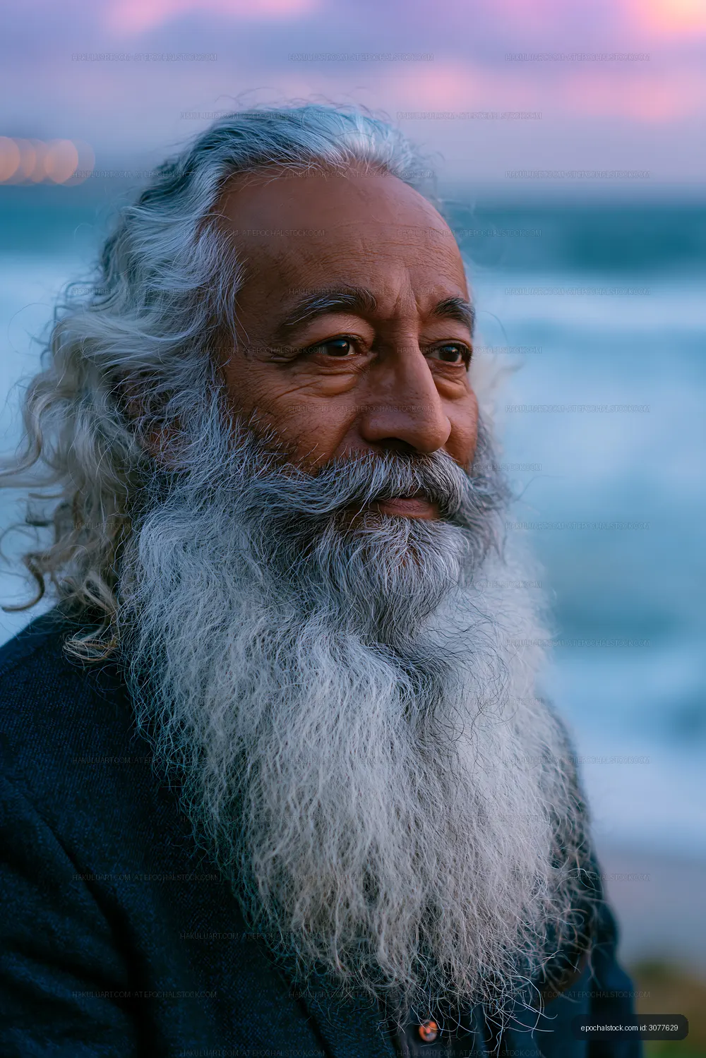 Elderly man with gray beard standing near the beach at sunset