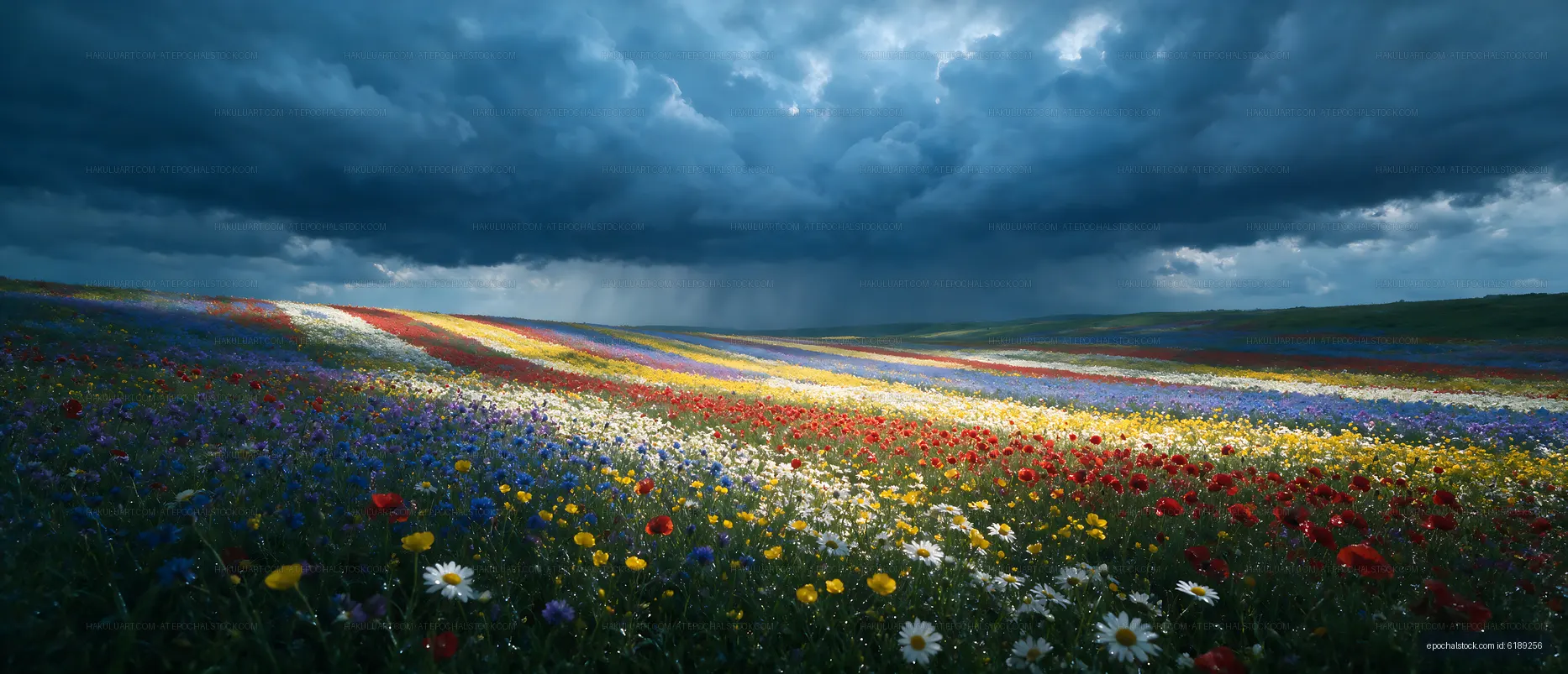 Colorful wildflower field under dark clouds