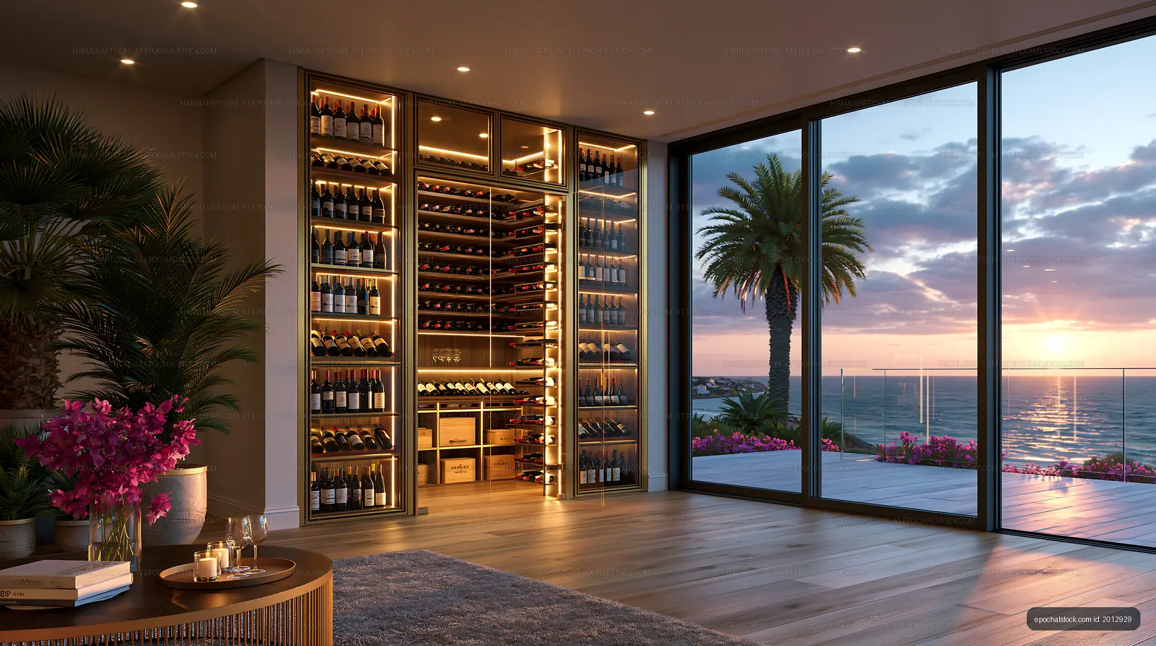 Modern wine cellar with sunset view over the ocean