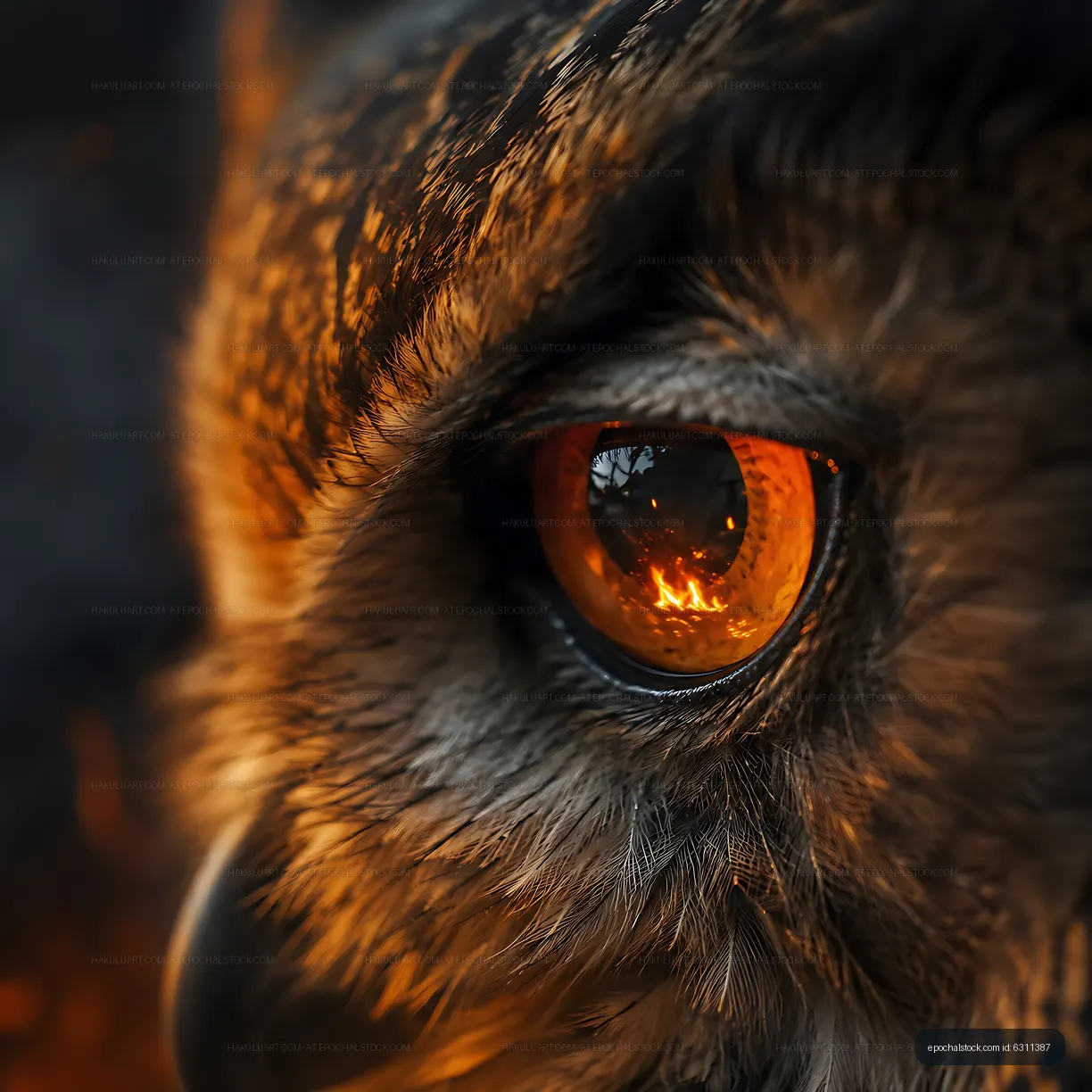 Owl eye reflecting flames in a dark environment