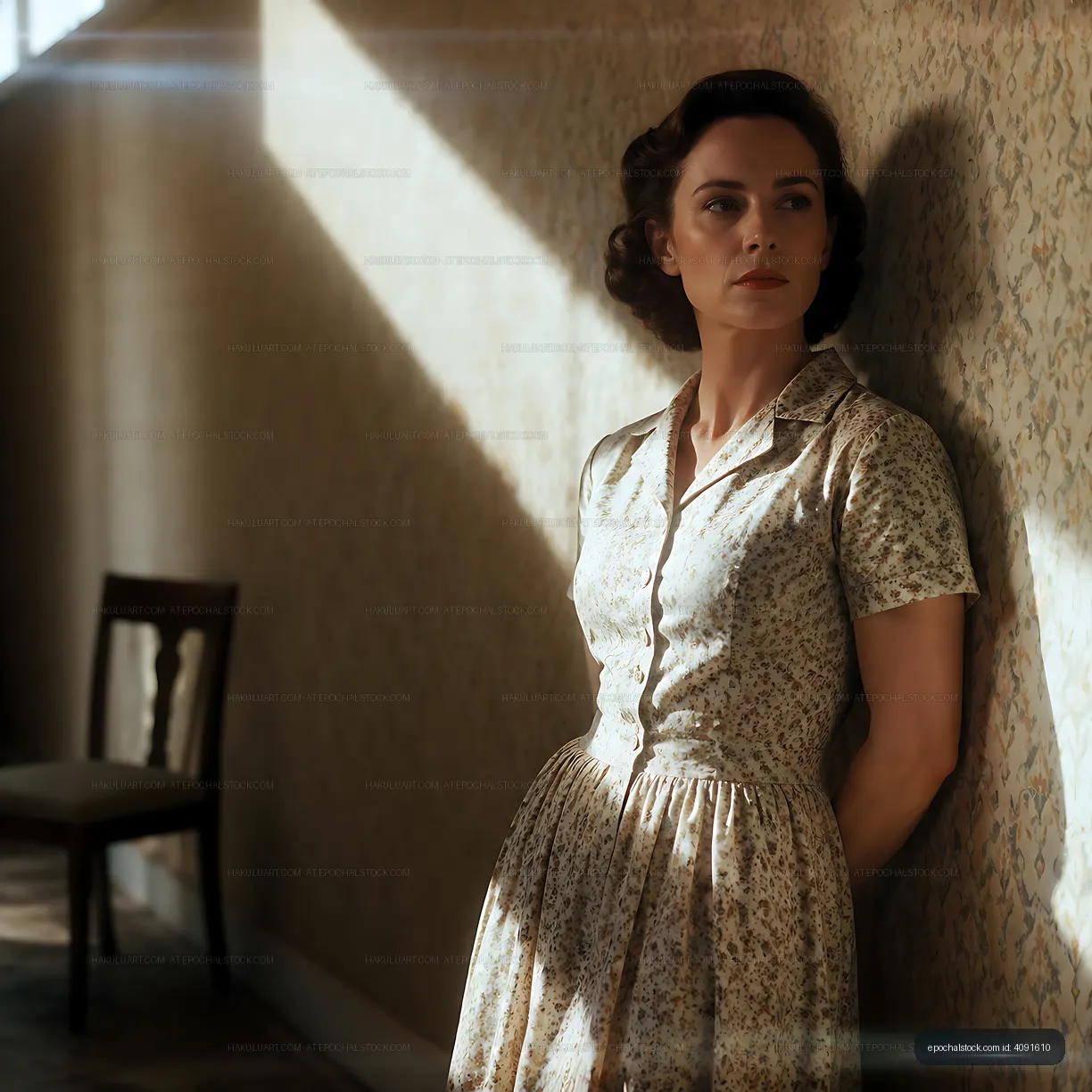 Woman in vintage dress leaning against wall in a dimly lit room