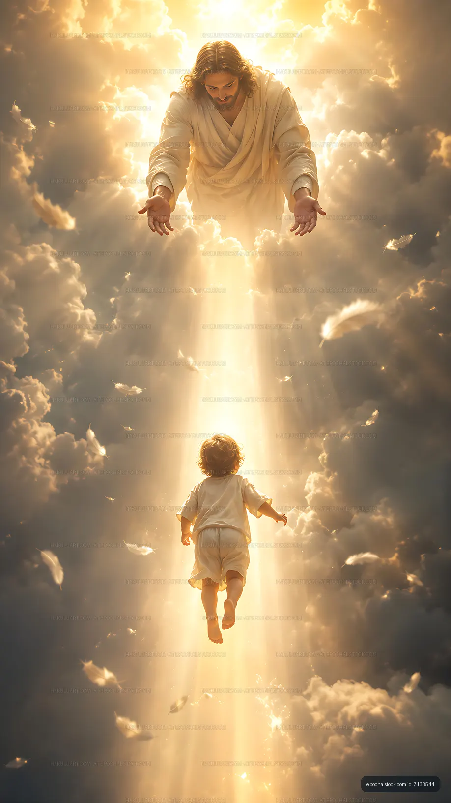 Jesus reaching down to a child from the clouds