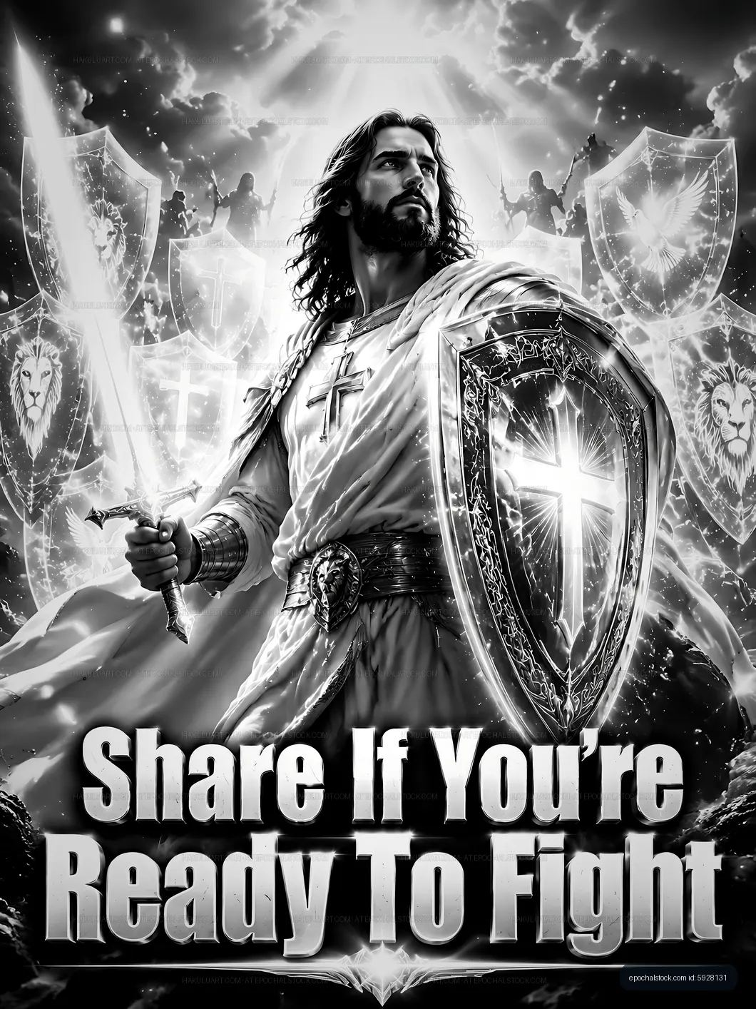 Warrior holding sword and shield in a dramatic black and white scene