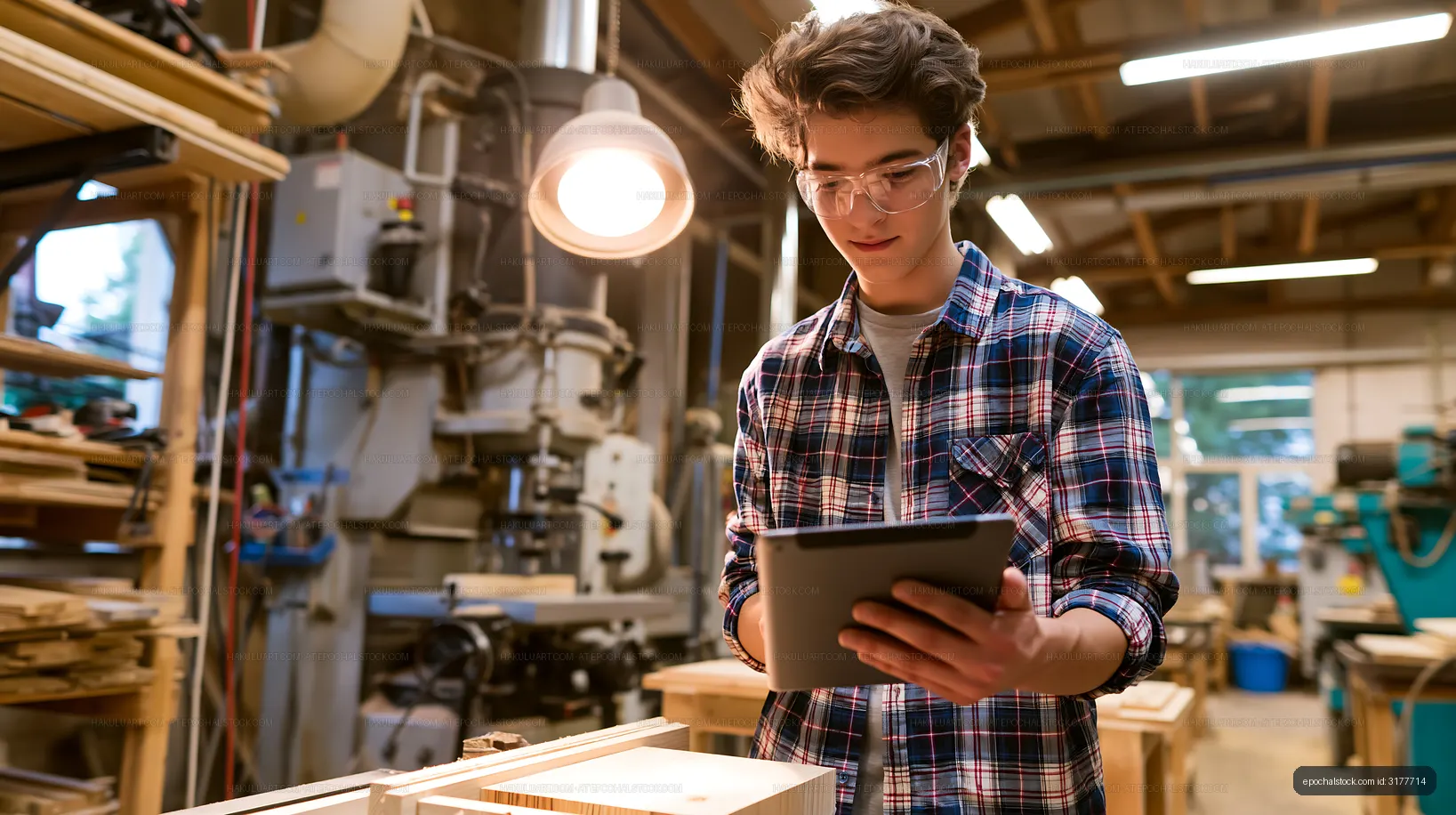 Young worker using tablet in a woodworking shop