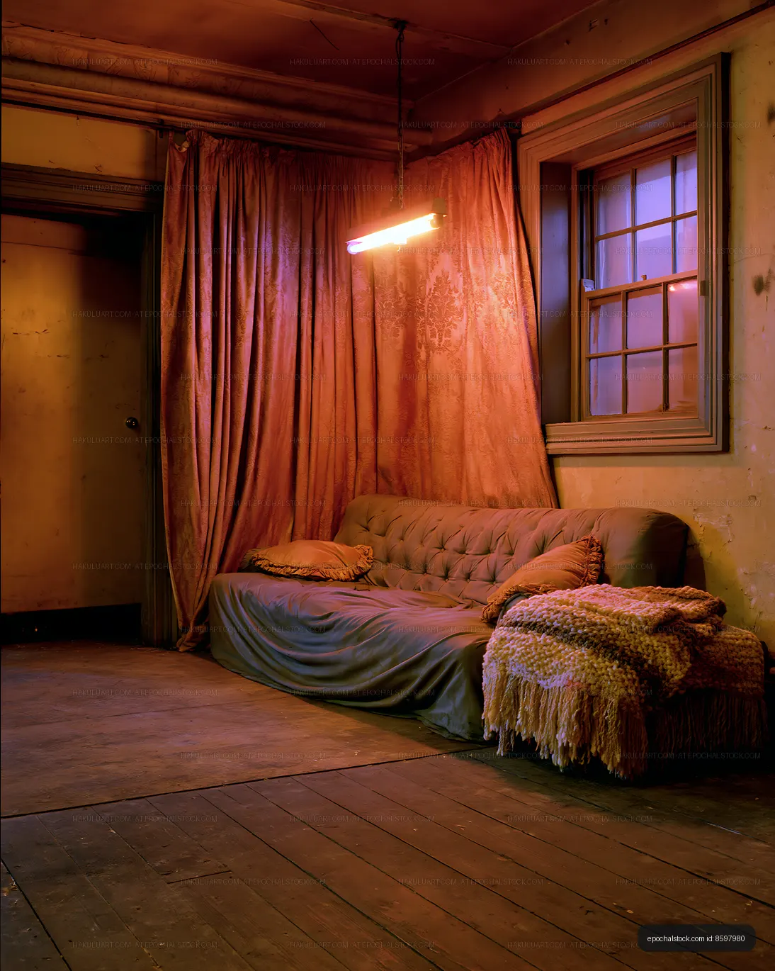 Cozy interior of a room with a sofa and warm lighting