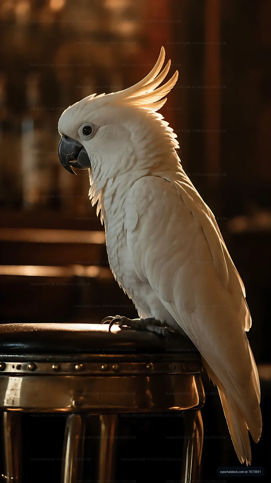White parrot perched on a bar stool in a dimly lit setting