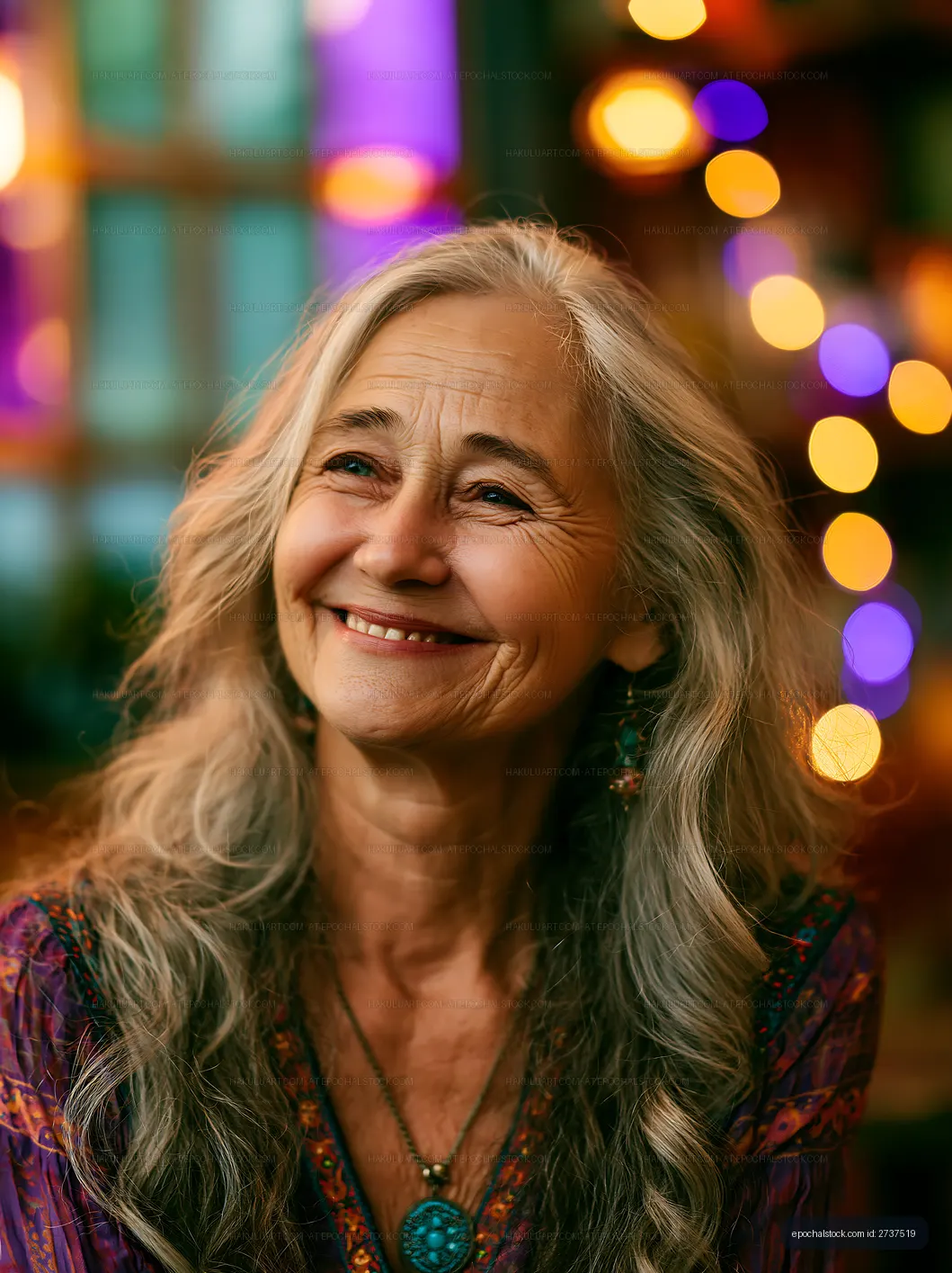 Portrait of smiling woman with long gray hair and colorful background