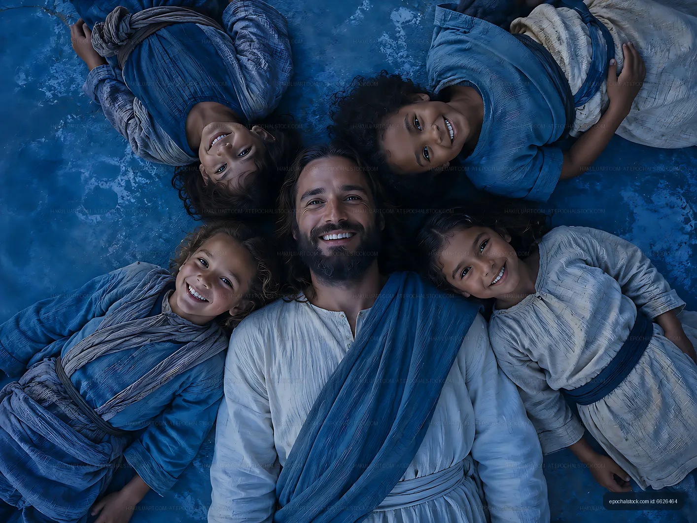 Group of smiling children and a man in blue clothing