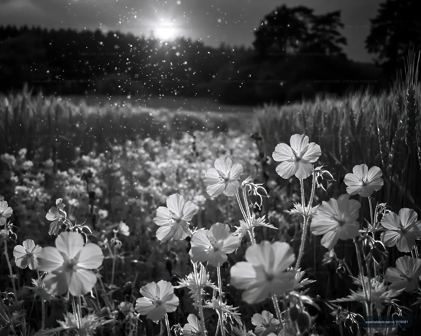 Black and white field of flowers under sunlight