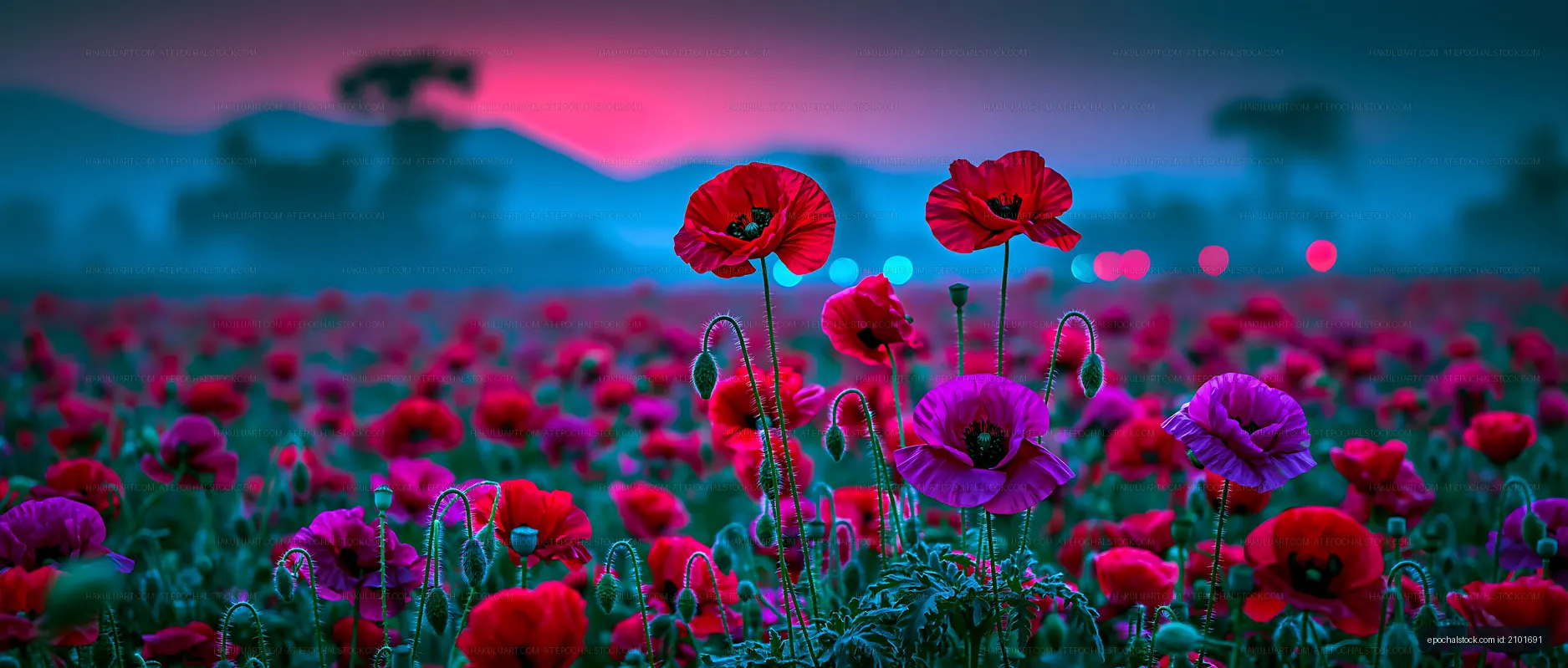 Vibrant poppy field at dusk with blue and pink sky