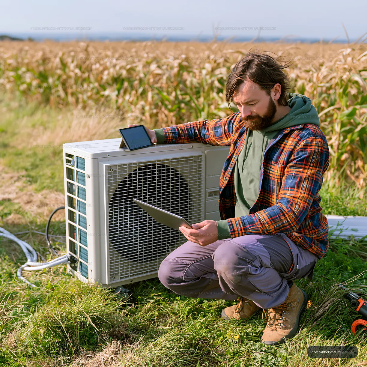 Man checking data on tablet by outdoor air conditioning unit