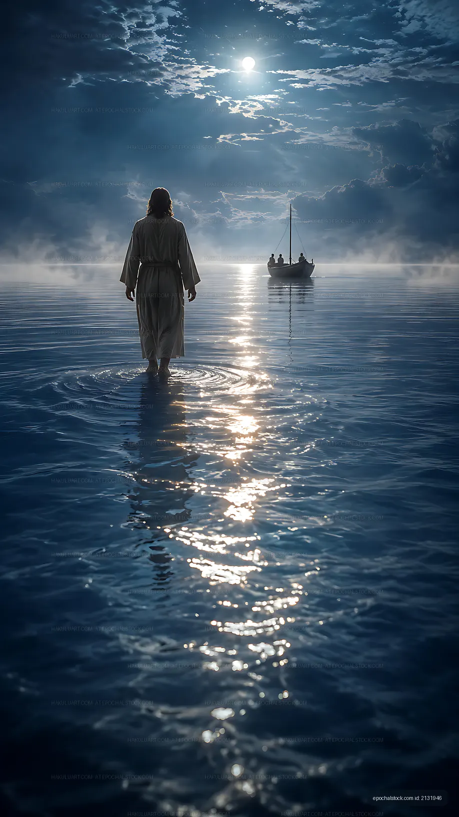 Walking on water at night with boat in the distance