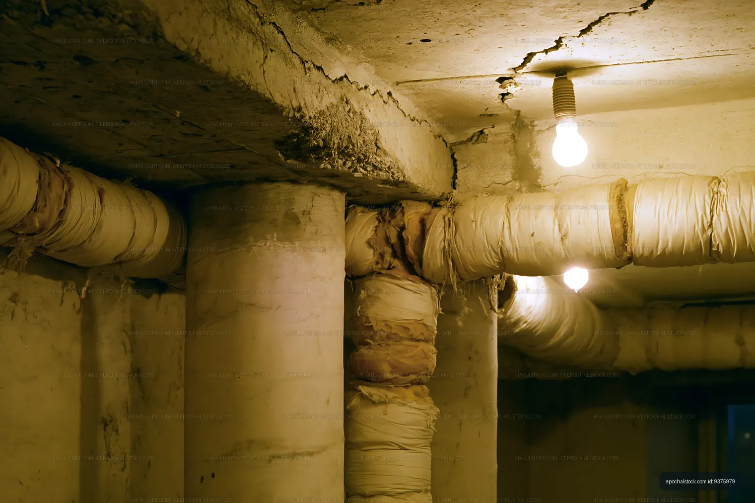 Old industrial basement with exposed pipes and lights