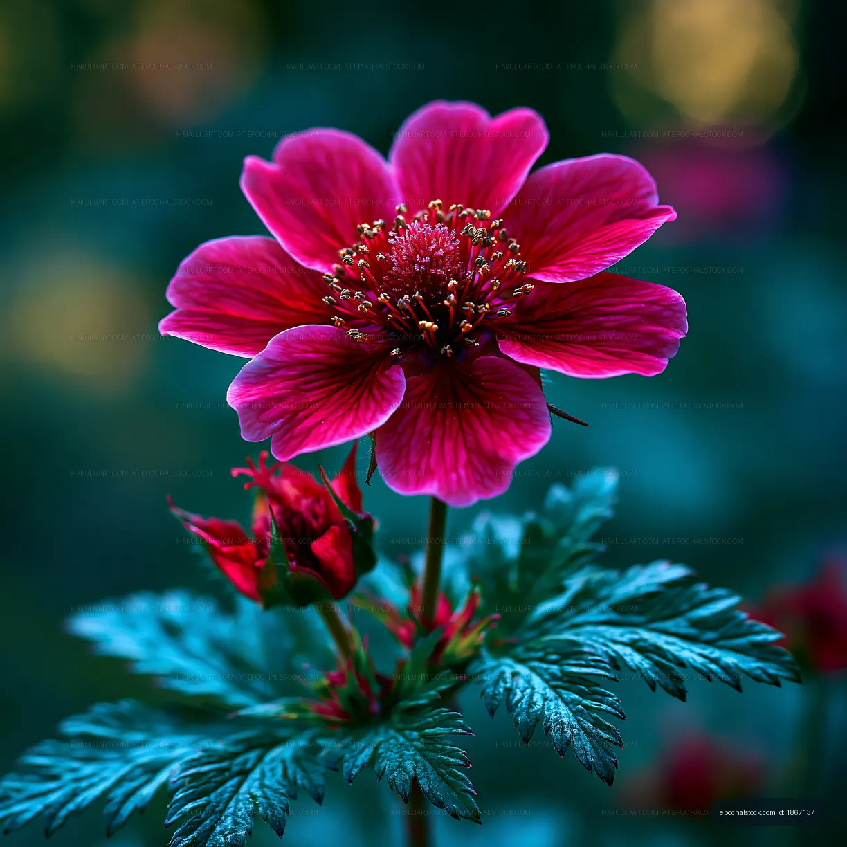 Bright pink flower with green leaves in a garden setting