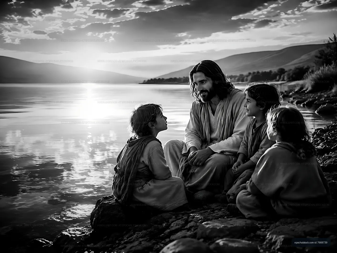 Jesus sitting by the water with children in black and white