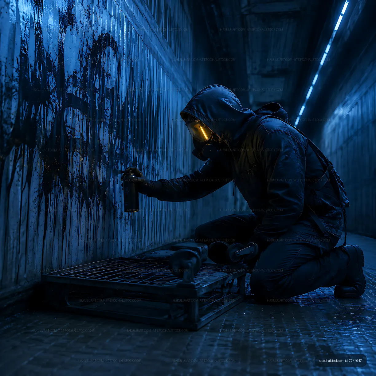 Person wearing a mask painting graffiti on a wall in a tunnel
