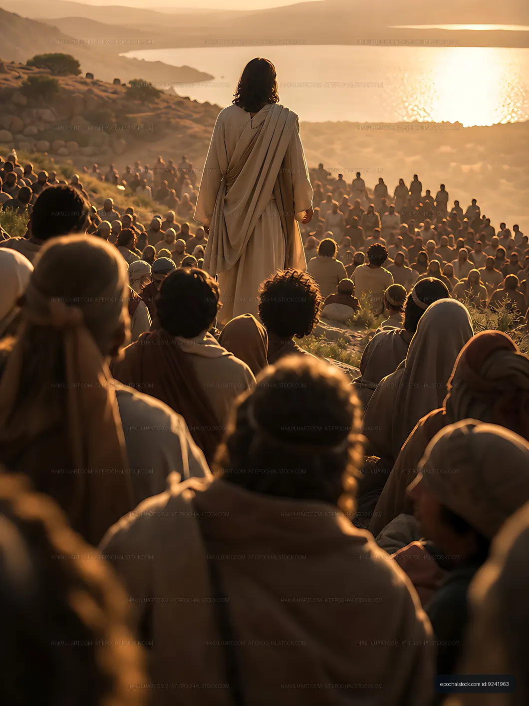 Person speaking to large crowd at sunset by the lake